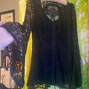HOT TOPIC sexy black lace corset skull bell sleeve goth emo witch blouse top